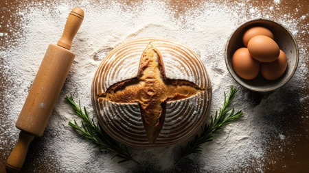 Freshly baked sourdough bread with baking ingredients and tools on a floured wooden surfaceの写真素材