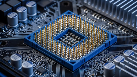 A close-up view of a computer processor socket on a detailed motherboard