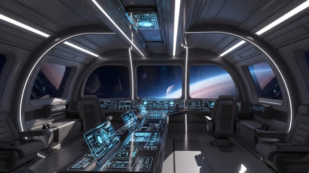 Advanced spaceship bridge with holographic controls overlooking a distant planet and celestial bodiesの写真素材