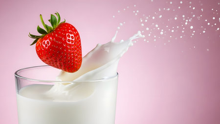 Strawberry creating a delightful splash as it drops into a refreshing glass of milkの写真素材
