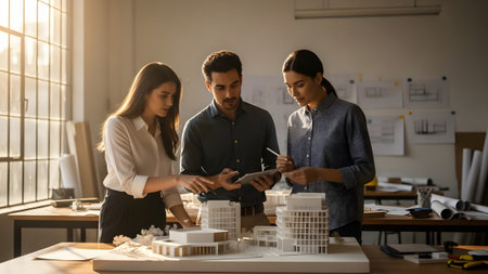 Professional architects collaborating on innovative building designs in a modern studioの写真素材