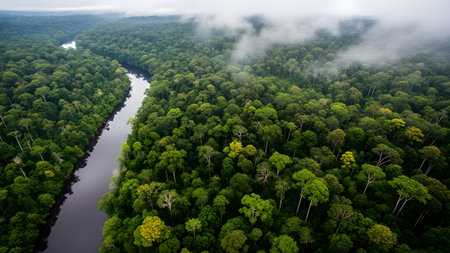 Aerial view of a winding river meandering through a dense, mist-shrouded tropical rainforest canopyの写真素材