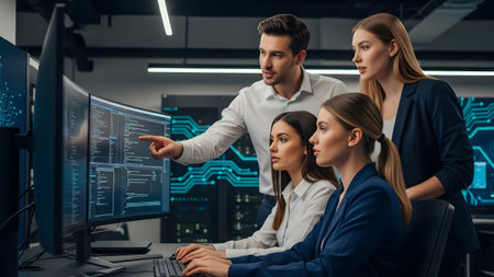 It professionals collaborating on complex data analysis in a modern server room