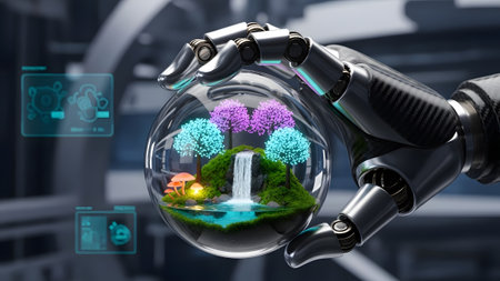 Robotic hand cradling a vibrant miniature ecosystem sphere with glowing trees and a waterfallの写真素材