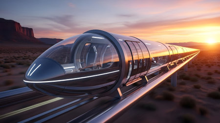 A futuristic transparent hyperloop train speeding across a desert landscape at sunset.の写真素材
