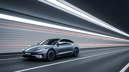 Sleek silver electric vehicle speeding through a modern, illuminated tunnel