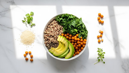 A vibrant and nutritious vegan buddha bowl featuring quinoa, kale, chickpeas, and fresh avocado slicesの写真素材