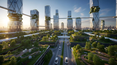 A futuristic cityscape showcasing innovative green architecture and sustainable urban livingの写真素材