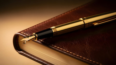 Elegant golden fountain pen with a distinct ink droplet resting on a classic brown leather journalの写真素材