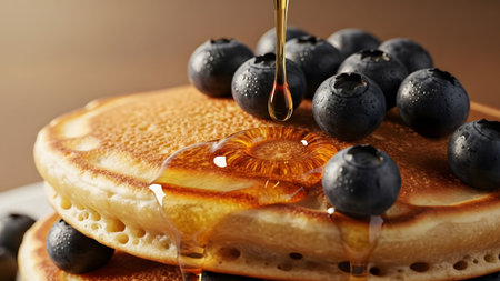 Delicious stack of fluffy blueberry pancakes drenched in golden maple syrup for a perfect breakfastの写真素材
