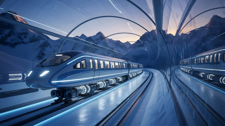 Futuristic high-speed train travels through a snowy mountain landscape at duskの写真素材
