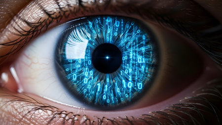 A close-up of a human eye with a glowing blue digital iris formed by binary code and circuit patternsの写真素材