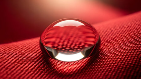 A perfect water droplet elegantly resting on a vibrant red hydrophobic fabric surfaceの写真素材