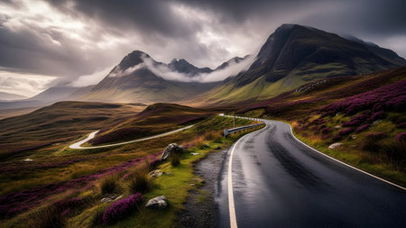 A winding road through a dramatic mountain landscape with purple heather under a cloudy skyの写真素材