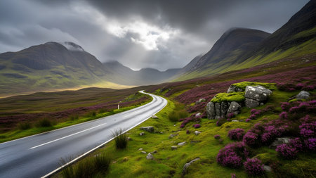 A winding road through a vibrant moorland with purple heather under a dramatic cloudy skyの写真素材