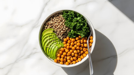 Healthy and vibrant quinoa power bowl with avocado, chickpeas, and fresh kaleの写真素材
