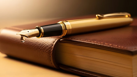 Elegant golden fountain pen with a drop of ink resting on a classic leather-bound journalの写真素材