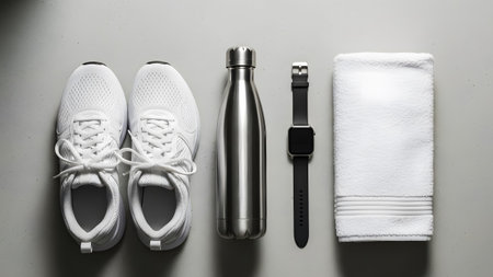 Essential fitness gear for a productive workout session, laid out neatly on a grey surfaceの写真素材