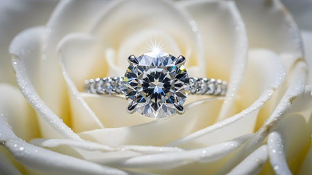 A stunning sparkling diamond engagement ring nestled elegantly in the soft petals of a white rose.の写真素材
