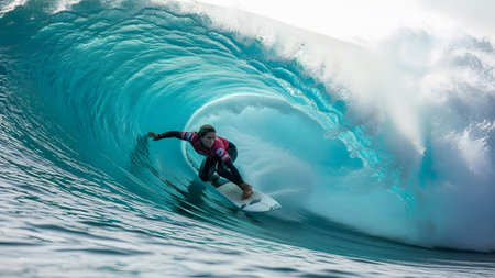 Professional surfer rides a powerful turquoise barrel wave with impressive skillの写真素材