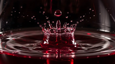 Captivating moment of a red liquid drop creating a dynamic splash and intricate patternsの写真素材