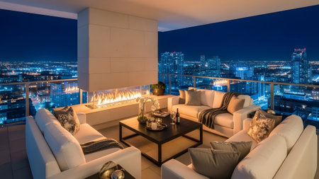 Luxurious outdoor living area with a modern fireplace overlooking a dazzling city skyline at nightの写真素材