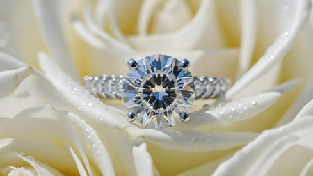 Exquisite diamond engagement ring glistening with dew drops on a delicate white rose petalの写真素材