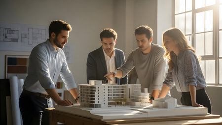 Architects collaborate on a complex building model, discussing design and planning for a new urban projectの写真素材
