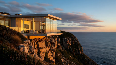 Modern architectural masterpiece on a cliff edge with panoramic ocean views at golden hourの写真素材