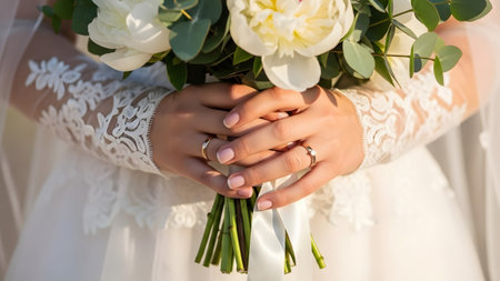 Beautiful bride's hands adorned with wedding ring holding a delicate white floral bouquetの写真素材