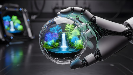 A robotic hand gently cradles a glowing miniature world, symbolizing the future of ai and natureの写真素材