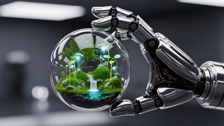 Robotic hand protecting a glowing miniature ecosystem for sustainable futureの写真素材