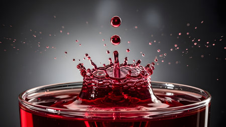 Vibrant crimson liquid drops creating a spectacular splash in a clear glassの写真素材