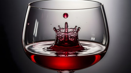 A dynamic splash of rich red wine captured in an elegant glass, showcasing liquid motionの写真素材