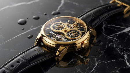 Exquisite gold tourbillon watch with a black leather strap on a sleek marble surfaceの写真素材