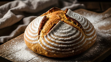 Rustic homemade sourdough bread with flour dusting, ready to be sliced and enjoyed