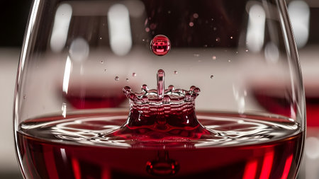 The mesmerizing beauty of a liquid crown formed by a falling drop of red wineの写真素材