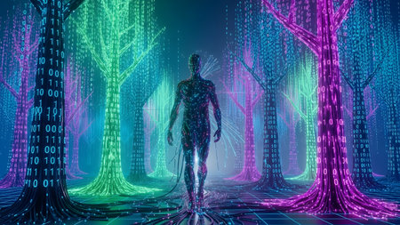 Humanoid figure exploring a vibrant digital forest with glowing data stream treesの写真素材