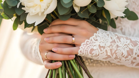 Close-up of a bride's hands holding a white peony bouquet with a golden ring and lace sleeveの写真素材