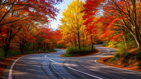 A winding road through a vibrant autumn forest showcasing brilliant fall foliageの写真素材