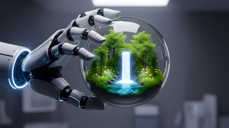 Robotic hand cradling a luminous miniature ecosystem with a cascading waterfallの写真素材