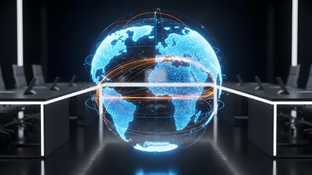 Representing global business and technology with a glowing digital earth in a conference room