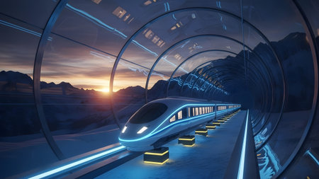 A futuristic high-speed train travels through an illuminated tunnel at sunset, showcasing advanced...