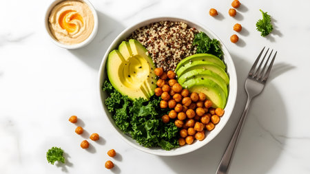 Wholesome and vibrant vegan power bowl with quinoa, avocado, kale, and crispy chickpeas served with hummusの写真素材