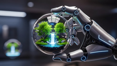 A robotic hand gently holds a spherical microcosm of nature, symbolizing future environmental preservationの写真素材