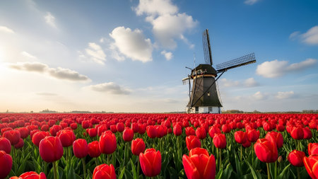 A picturesque dutch windmill amidst a breathtaking field of vibrant red tulips under a sunny skyの写真素材