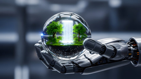 Robotic hand delicately holds a crystal sphere containing a vibrant mini ecosystem with a waterfallの写真素材