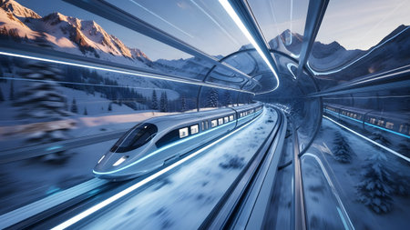 Futuristic high-speed train speeding through a snowy mountain landscape with glowing blue linesの写真素材