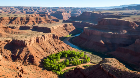 Vast red rock canyon landscape with a winding river and lush green trees under a clear blue skyの写真素材