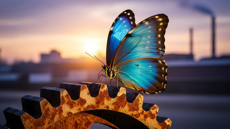 Vibrant blue butterfly rests on a rusty gear at sunset, bridging nature and industryの写真素材
